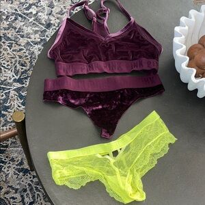 PINK Victoria's Secret Velvet and Lace Bra Set - Purple and Neon Yellow